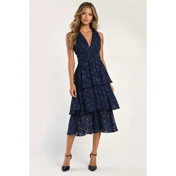 Lulu’s Make It Mesmerizing Navy Blue Jacquard Tiered Midi Dress, XS - Picture 1 of 8